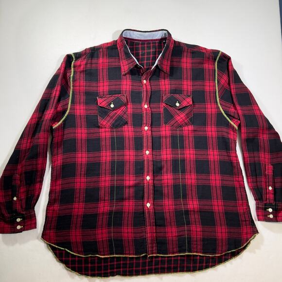 Arnold Zimberg Plaid Button Shirt Men's XL Long Tail Black Red Plaid Flannel - Picture 1 of 12